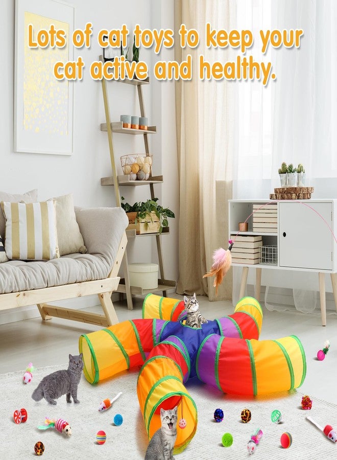 Poen مجموعة أنفاق القطط الداخلية من بوين، 21 قطعة، أنابيب قابلة للطي بخمسة اتجاهات مع 20 قطعة من ألعاب القطط الصغيرة، لعبة ريش تفاعلية، فأر، كرات خشخشة، أنبوب للجراء والقطط والأرانب (ملون) - Image 5